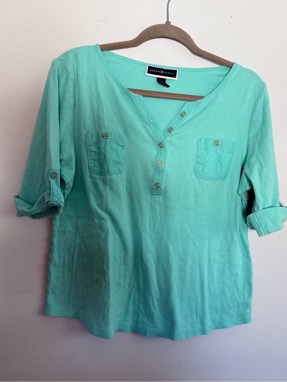 Karen Scott Mint Green Henley Button-Front Blouse